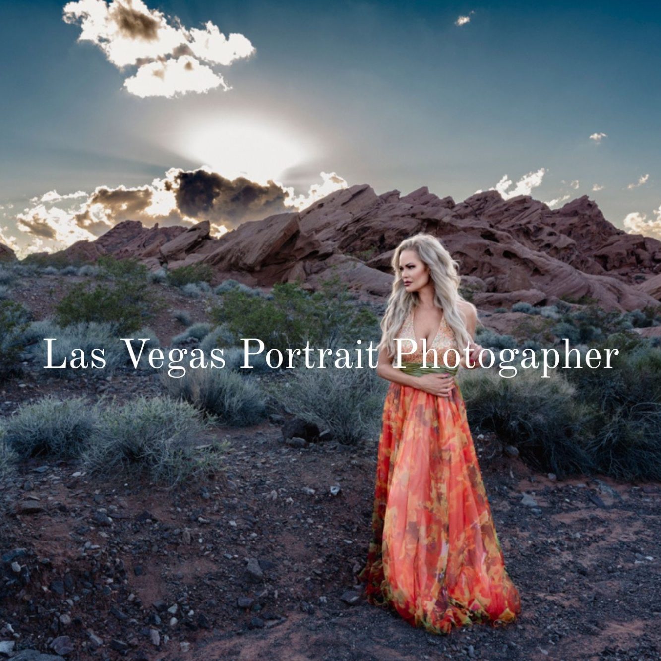 Las Vegas Portrait Photographer | Luxury Outdoor Portraits Elegant outdoor portrait of a woman in the Las Vegas desert, photographed with dramatic light and refined style by Silent J Fine Art.